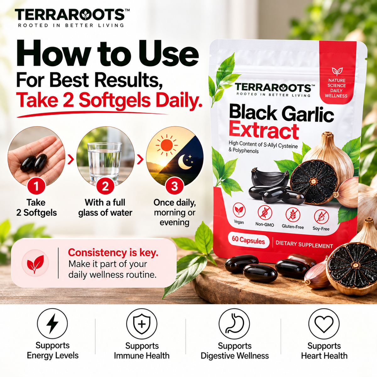 TERRAROOTS™ Black Garlic Extract | Heart & Circulatory Support | 60 Softgels